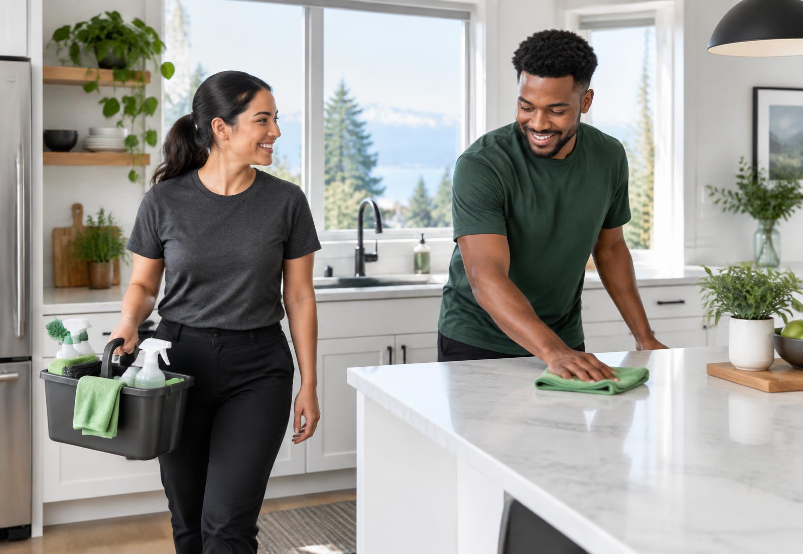 Two Sweep Dreams team members working together in a bright kitchen